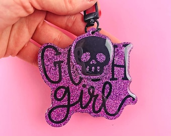 Goth Girl Purple Glitter Acrylic Keychain - Halloween Keychain - Glitter Keychain
