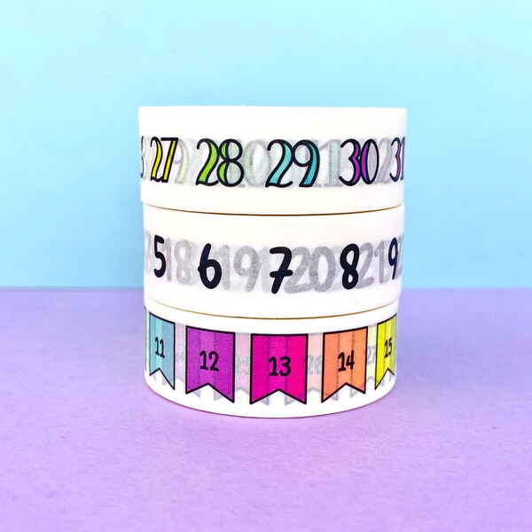 Geperforeerde datumnummers Washi Tape collectie 31 dagen Washi Tape Regenboogvlag Washi Hand geletterden Washi Tape Zwarte datumnummers Washi