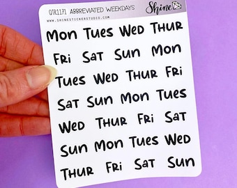 Small Black Abbreviated Weekday Stickers (Clear, Premium Matte, or Matte Removable Vinyl)