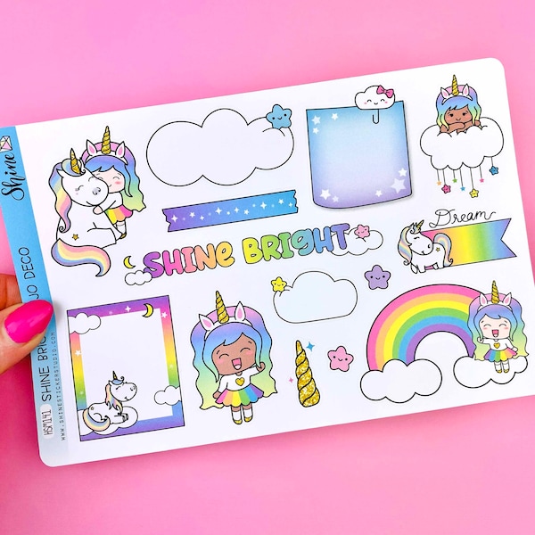 Shine Bright Bujo Deco Stickers - Planner Stickers Recollections Happy Planner - Standard Vertical Bullet Journaling Luna Unicorn Bujo