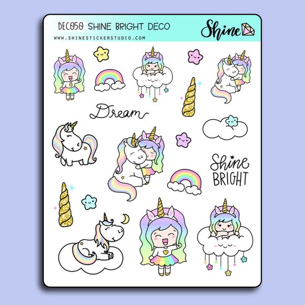 Shine Bright Deco Stickers - Planner Stickers Cute Sticker Happy Planner Life Planner Print Pression Uncicorn Dreamy Cloud Deco Stickers