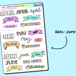 以下が含まれることがあります： 4月、5月、6月の月が書かれたカラフルなステッカーのシートです。ステッカーは、ジャーナルやプランナーで使用するためにデザインされています。ステッカーには、「目標」、「誕生日」、「今月」の言葉が書かれています。