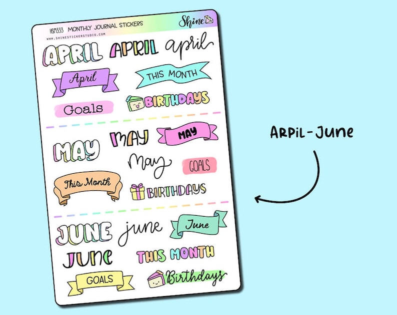 以下が含まれることがあります： 4月、5月、6月の月が書かれたカラフルなステッカーのシートです。ステッカーは、ジャーナルやプランナーで使用するためにデザインされています。ステッカーには、「目標」、「誕生日」、「今月」の言葉が書かれています。