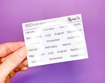 Clear Black Months Stickers - Erin Condren Life Planner Monthly Stickers ECLP Stickers Happy Planner Gum Case Stickers