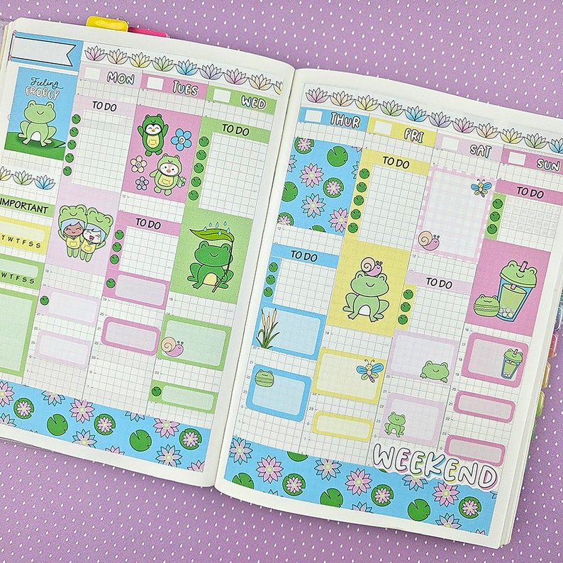 Feeling Froggy Hobonichi Cousin Sticker Kit Planner Stickers Bullet Journal Happy Planner Toad Snail Dragonfly Kit Spring Weekly Kit image 5