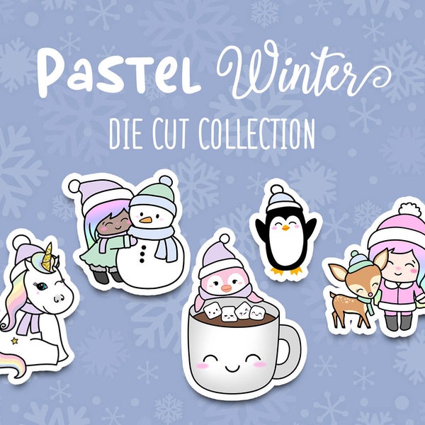 Pastel Winter DIE CUTS - Traveler's Notebook Scrapbook Kawaii Die Cut Planner Character Doodle Winter Die Cut Stickers Hot Cocoa Snowman