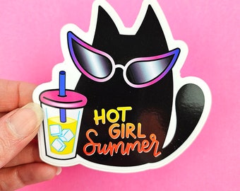 Edgar's "Hot Girl Summer" Vinyl Decal - Laptop Car Decal Tumbler Decal Laminated Black Cat Black Kitty Summer Time Decal Lemonade Sunglasses