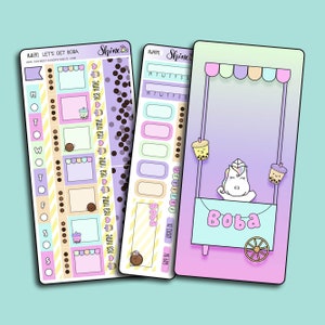 Let's Get Boba Hobonichi Weeks Sticker Kit Planner Stickers Bullet Journal Happy Planner Unicorn Bubble Tea Milk Tea Cart Kawaii Kit