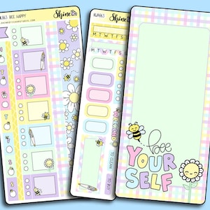 May include: A set of colorful planner stickers featuring a bee, flowers, and the text "Bee Yourself". The stickers are designed in a pastel color scheme with a gingham pattern.