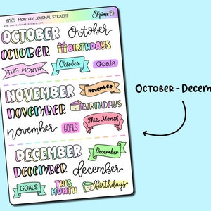 以下が含まれることがあります： 10月、11月、12月の月が書かれたカラフルなステッカーのシート。ステッカーには、バナー、ボックス、手書きのテキストなど、さまざまなデザインが施されています。ステッカーのテキストには、「10月」、「11月」、「12月」、「誕生日」、「目標」、「今月」などが含まれています。