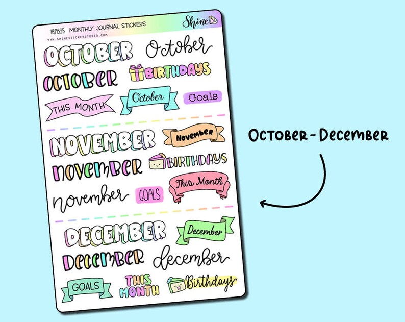 以下が含まれることがあります： 10月、11月、12月の月が書かれたカラフルなステッカーのシート。ステッカーには、バナー、ボックス、手書きのテキストなど、さまざまなデザインが施されています。ステッカーのテキストには、「10月」、「11月」、「12月」、「誕生日」、「目標」、「今月」などが含まれています。