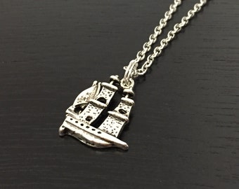Silver ship necklace, nautical charm jewelry, pirate ship necklace, ship jewelry, personalizable gift, travel vacation jewelry, summer gift