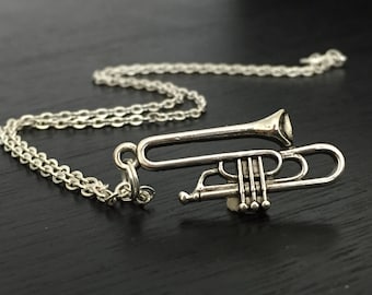 silver trumpet necklace, charm necklace, personalize jewelry, trumpet player, musical instrument,orquestra music jewelry, band student gift