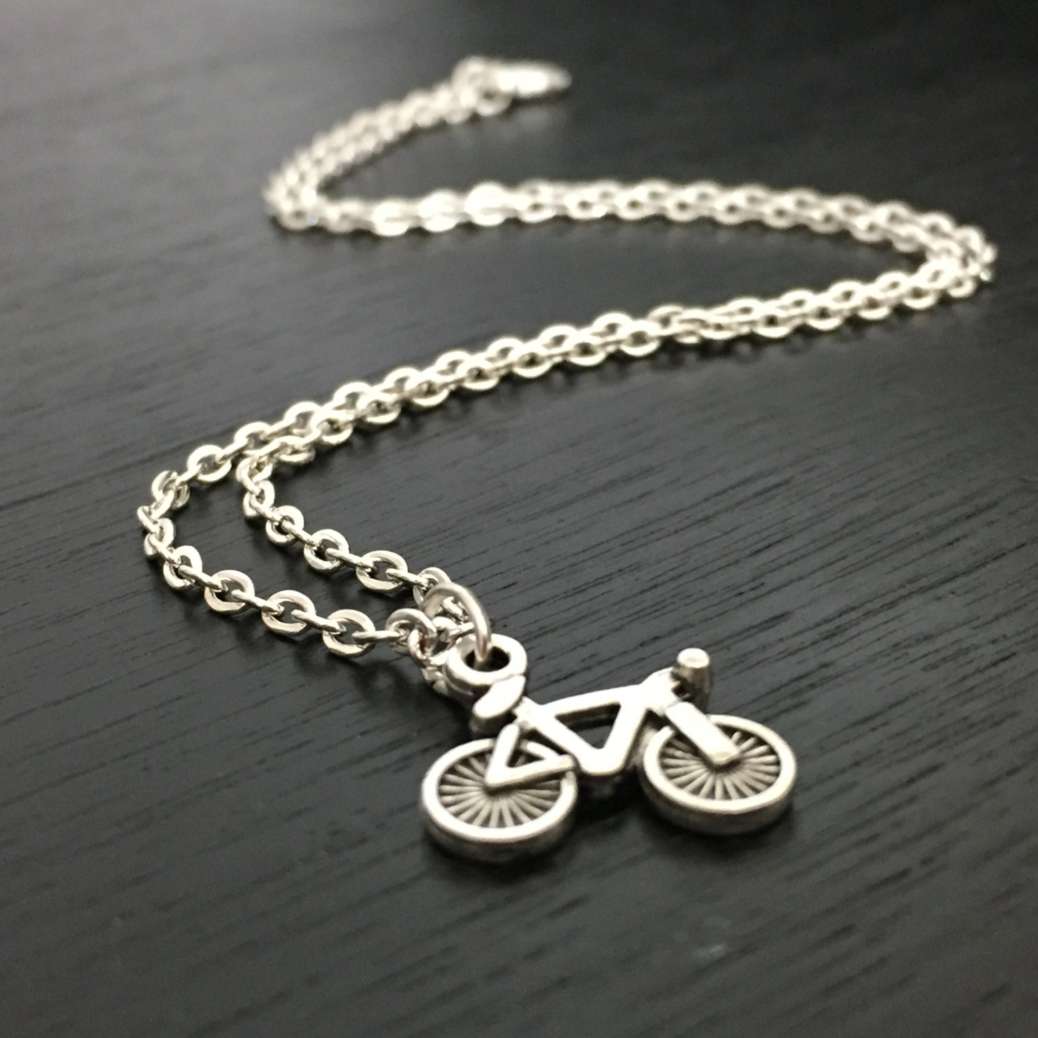 Tiny Bicycle Necklace, Silver Bike Charm Necklace, Personalized Initial
