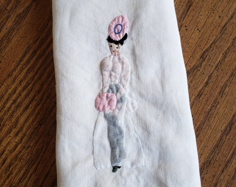 1950's Naughty Risque' Pin up Girl embroidered applique linen hand guest towel (B1)