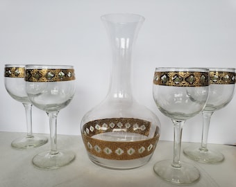 Vintage 1960's Culver Valencia Wine Glasses Set of 4 with Winge Carafe, Culver Valencia Glasses, Culver Glassware, Culver Barware