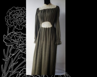 Vintage  Joy Stevens Full Length PRAIRIE Maxi Dress 1970's California Made Cotton Guinni Sax Style