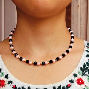 Light Pink Pearl black Onyx Beads Necklace Dainty Necklace Smooth Beads Bracelet Delicate Necklace Beaded Necklace Boho Jewelry Gift For Her