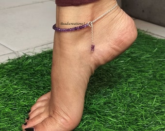 Amethyst Anklet, Dainty Jewelry, February Birthstone Gift For Sister, Beaded Half Chain Anklet, Sterling Silver Gemstone Ankle Gift For Her