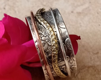 AAA silver spinner ring,Texture Designer Ring,Anxiety Ring Meditation Ring,Thumb Ring,Three Band Ring,Fidget Ring,Silver Ring, gift Ring