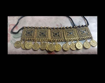 Vintage Afghani Kuchi Choker: Old Gold Coin Brass Tribal Necklace