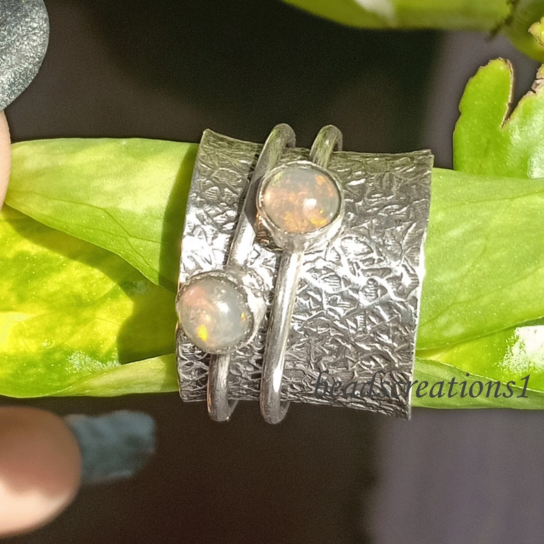 Ethiopian Opal Silver Spinner Ring,Thumb Ring,Tow Stone Ring Meditation Ring,Spinning Ring,Textured Ring,Handmade Opal Ring,Opal Jewelry