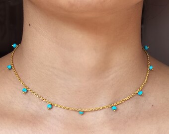 Natural Turquoise Drop Beaded Necklace: Gold Fill Chain Necklace, Boho Jewelry December Birthstone