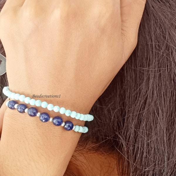 Larimar Bracelet Bleu Jade Argent Pyrite Dainty Larimar Perles Bracelet | Cadeau pour son | larimar Jewelry Perles Larimar Bracelet Amitié