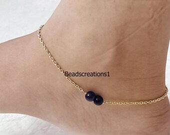 Bracelet de cheville en argent sterling et onyx noir : breloque saphir bleu