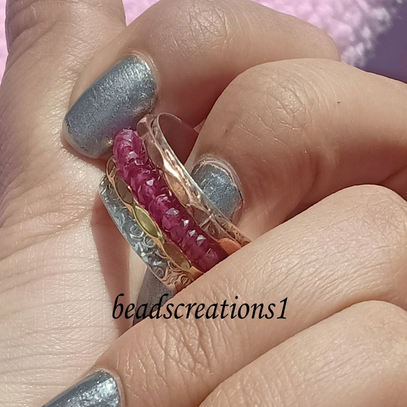 Rubin Spinner Ring*Drei Band Ring Rubin Schmuck Fidget Ring*Rubin Perlen Ring* Angst Ring*Spinnring Silber Ring*Perlen Ring*Meditations Ring Bild 8
