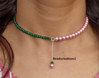 Smooth Dark Pink Pearl and Green Jade Beads Necklace Faceted Jade Jewelry, Pearl Chain Beads Necklace, Beaded Beads Jewelry, Gift for Her