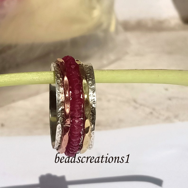 Rubin Spinner Ring*Drei Band Ring Rubin Schmuck Fidget Ring*Rubin Perlen Ring* Angst Ring*Spinnring Silber Ring*Perlen Ring*Meditations Ring Bild 7