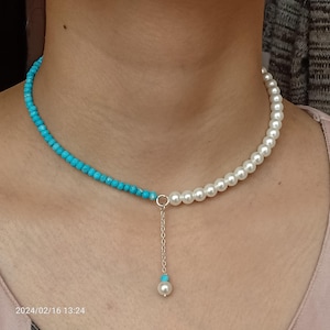 AAA Smooth White Pearl Necklace Turquoise Necklace Turquoise Jewelry Danity Beads Beaded Chain Necklace Pearl Jewelry Gift Silver Jewelry