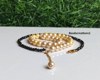 Smooth Golden Pearl and Black Spinel Beads Necklace , Pearl Beads Jewelry, Faceted Black Beads Necklace, Beaded Jewelry Gift for Her