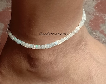 Natürliches äthiopisches Opal Fußkettchen: 925 Sterling Silber Rondelle Perlen