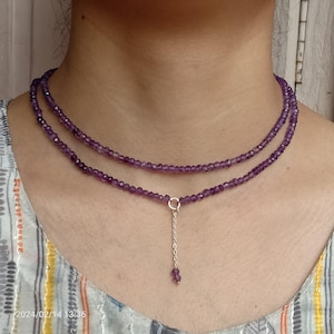 Double Strand Amethyst Beaded Necklace: Sterling Silver Chain, Faceted Beads