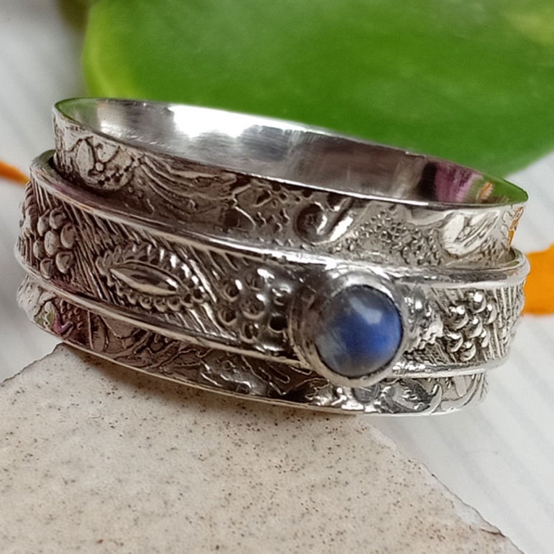 Rainbow Moonstone Spinner Ring*Sterling Silver Ring*Meditation Ring*Moonstone Ring*Band Ring*Boho Ring*Fidget Ring*Christmas Gift Ring
