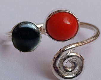 New Sterling Silver Open ring, Natural Red Coral With Black Onyx Ring And Red Coral With Pearl Ring, Adjustable Stacking Ring,Gemstone Ring