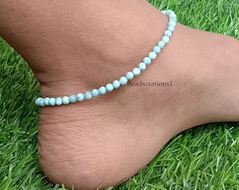 Larimar Fußkettchen: Sterling Silber Perlen Edelstein Fußkettchen