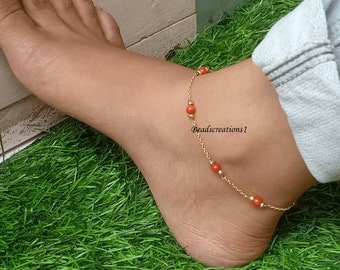 Red Coral Smooth Beads Chain Anklet Bracelet in Gold Fill Sterling Silver and Rose Gold Fill by Personalize Your Anklet for a Perfect Gift