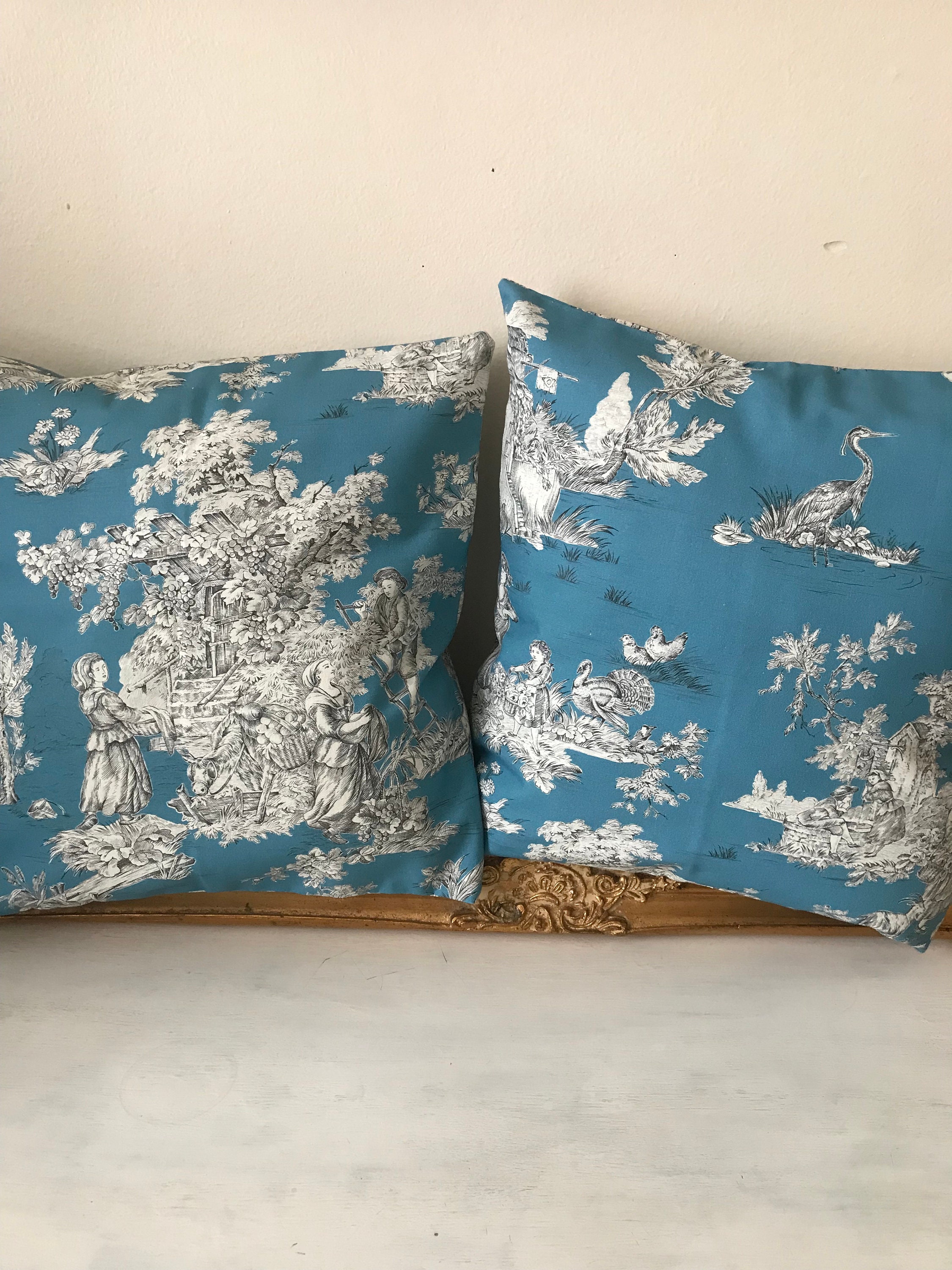 Lot de 2 Housses Coussins en Toile Jouy Bleue Pour 40/42 cm Carré