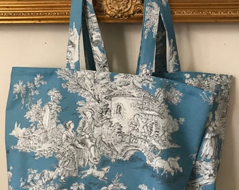 Sac de courses / fourre-tout en Toile de Jouy française - dessins gris/blancs sur le fond Bleu[Taille L]