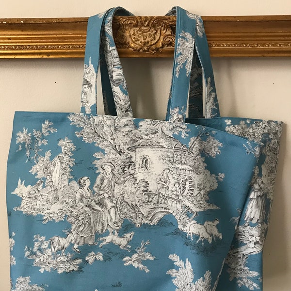 Sac de courses / fourre-tout en Toile de Jouy française - dessins gris/blancs sur le fond Bleu[Taille L]