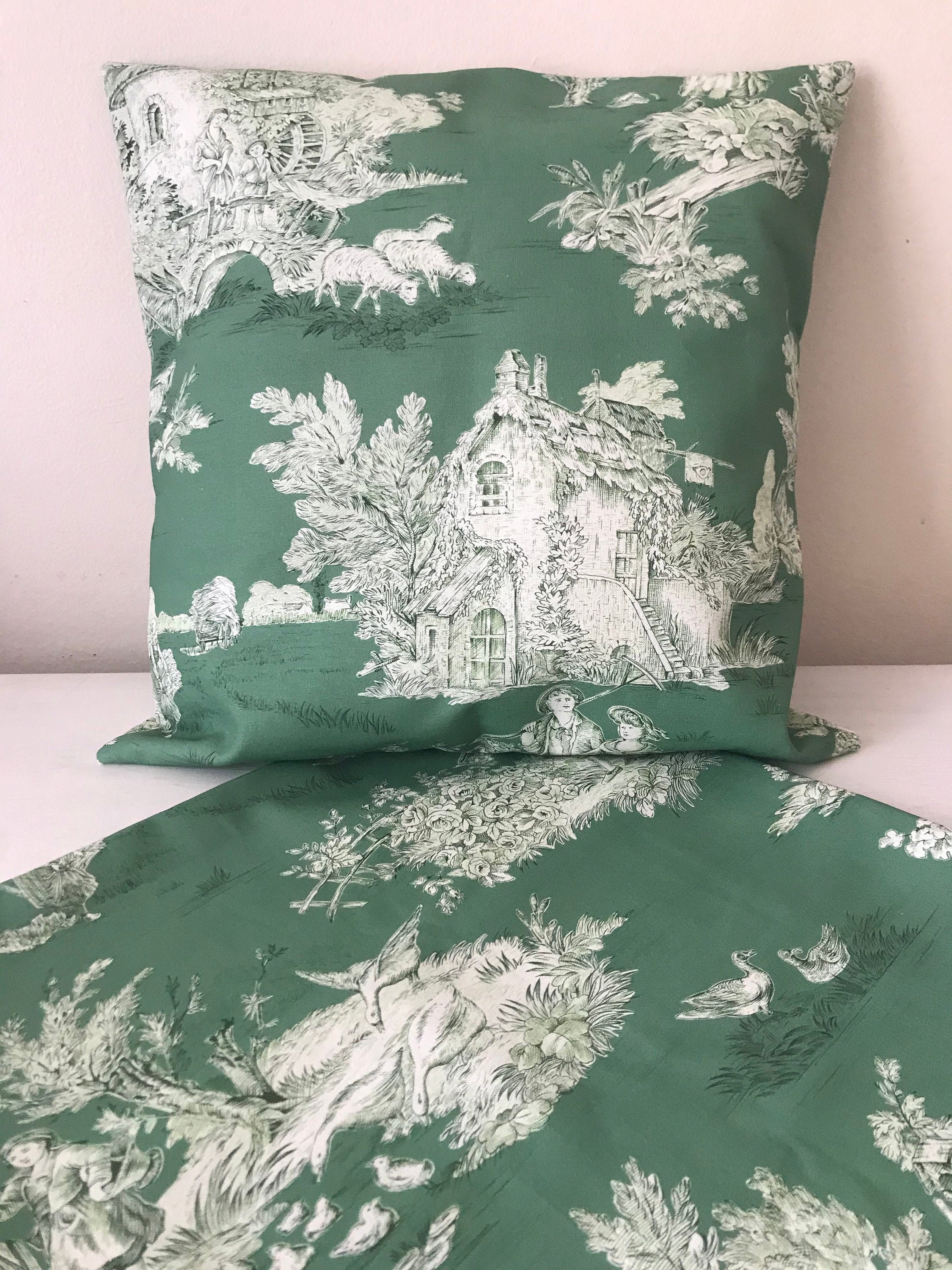 Lot de 2 Housses Coussin en Toile Jouy Verte Pour Coussins 40 cm Carré