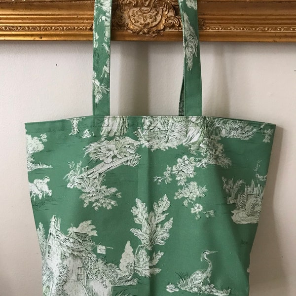 Sac de courses / fourre-tout en Toile de Jouy française - dessins verts/blancs sur le fond vert [Taille L]