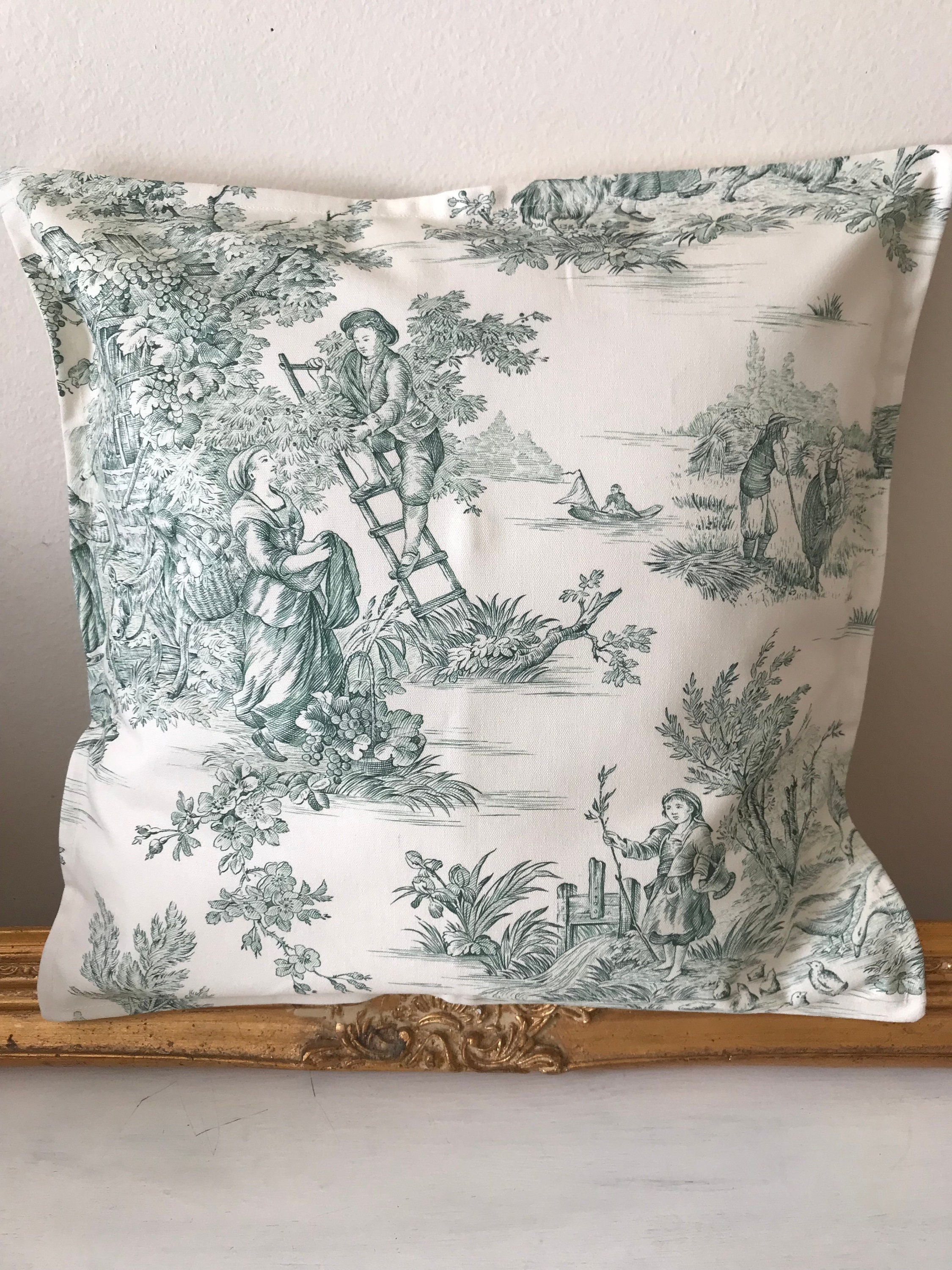 Housse de Coussin en Toile Jouy Dessins Verts sur Le Fond Blanc Pour Un 40/42 cm | 1 Pièce