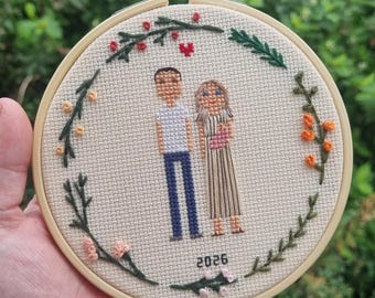 Personalised Family Portrait – Cotton Anniversary Gift - Wedding Gift Ideas - Custom Cross Stitch Portraits - Couple