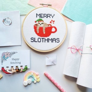 Merry Slothmas Cross Stitch Kit Sloth Cross Stitch Christmas Cross Stitch Kits Christmas embroidery kit Sloth Gifts Gift for her image 1