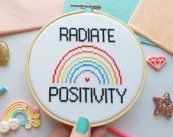 Inspirational Quote Wall Art - Cross Stitch Hoop Art - Inspirational Gifts - Rainbow Wall Art - Rainbow Gift Ideas - Radiate Positivity