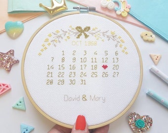 Calendar Special Date Cross Stitch - Custom Golden Wedding Anniversary Calendar Gift - Modern Floral Cross Stitch - Save the Date Calendar